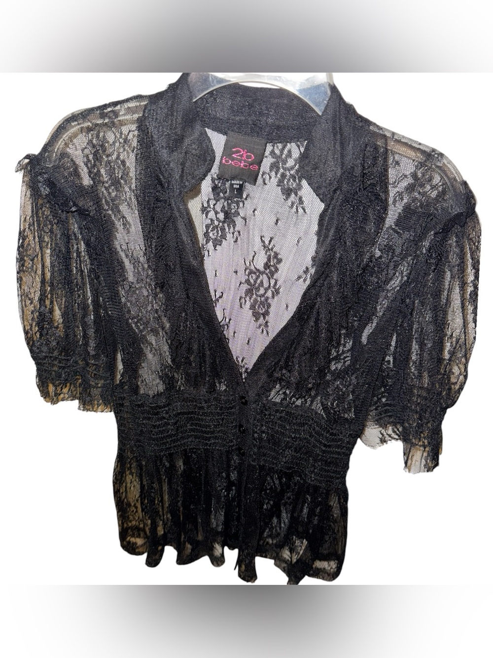 2B Bebe Black Sheer Lace Short Sleeve Blouse